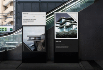 Affiche publicitaire conçue pour promouvoir des projets d’architecture avec une présentation visuelle moderne