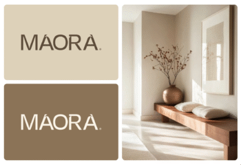 Logo raffiné de l'agence de design d'intérieur Maora, tons équilibrés et univers haut de gamme, conçue à Obernai