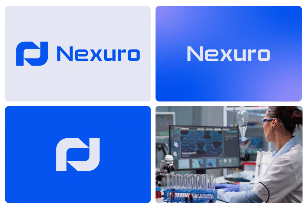 Logo moderne et minimaliste pour laboratoire médical Nexuro, identité visuelle scientifique et fiable conçue par un studio de design à Obernai près de Sélestat