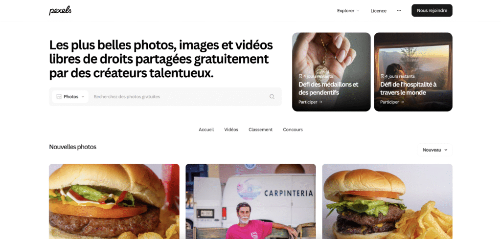 Interface Pexels avec photos et vidéos libres de droits à télécharger