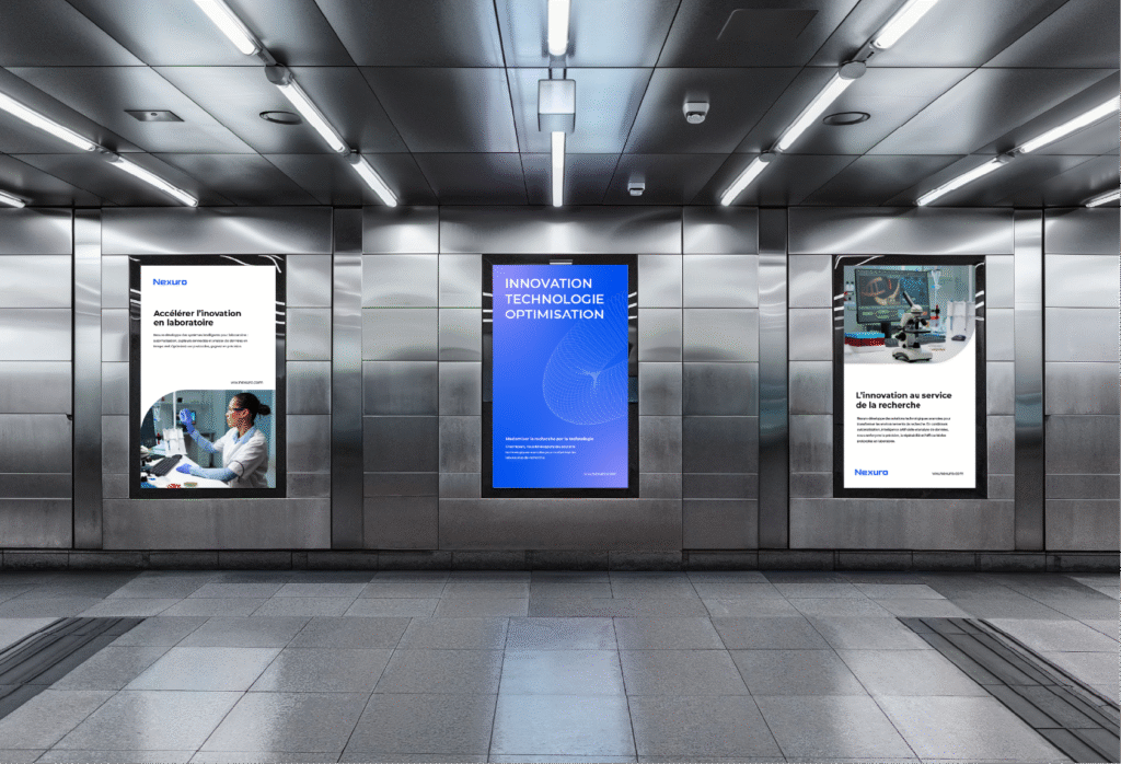 Ensemble de trois affiches publicitaires pour startup médicale, présentant des solutions innovantes en santé