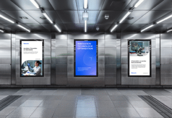 Ensemble de trois affiches publicitaires pour startup médicale, présentant des solutions innovantes en santé
