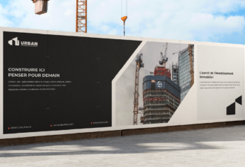 Affiche publicitaire secteur BTP mettant en valeur un chantier professionnel