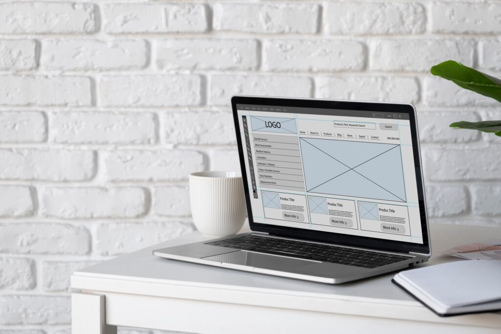 Maquette de site internet affichée sur ordinateur portable avec interface UI/UX, design web et structure de page optimisée