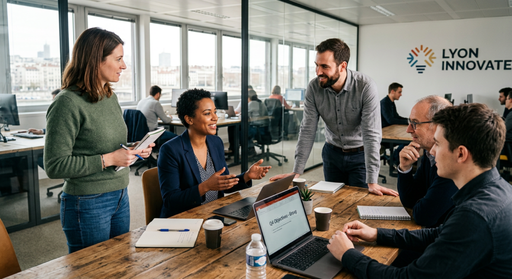 Équipe travaillant sur une stratégie de communication print et digital cohérente