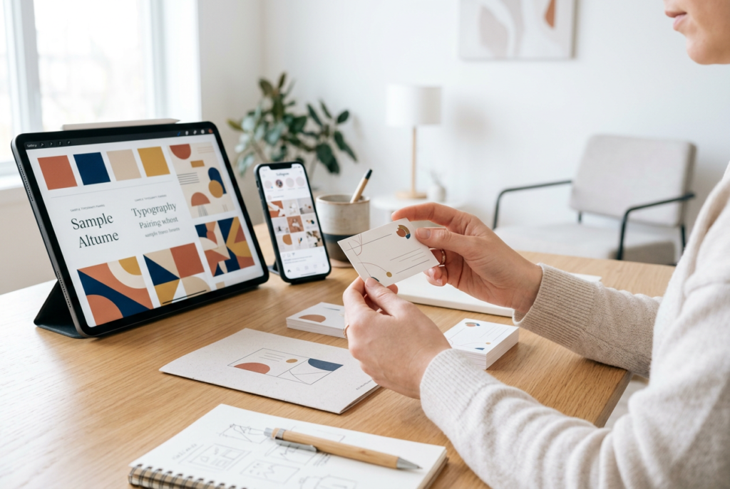 Mains tenant des supports de communication déclinés dans une charte graphique cohérente