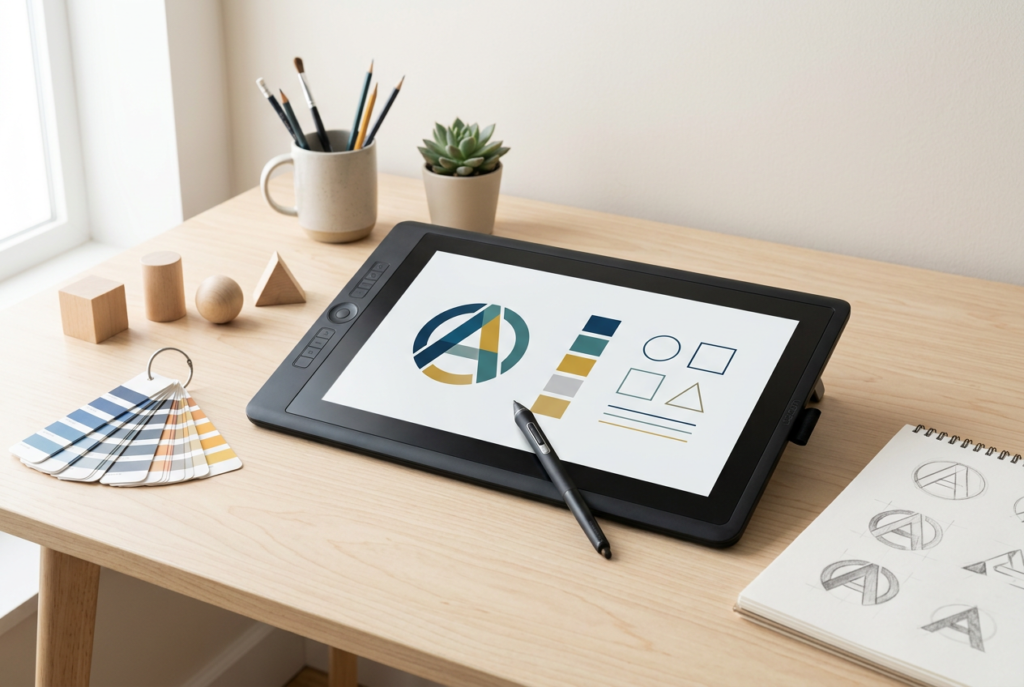 Graphiste dessinant un logo sur tablette graphique entouré de nuanciers