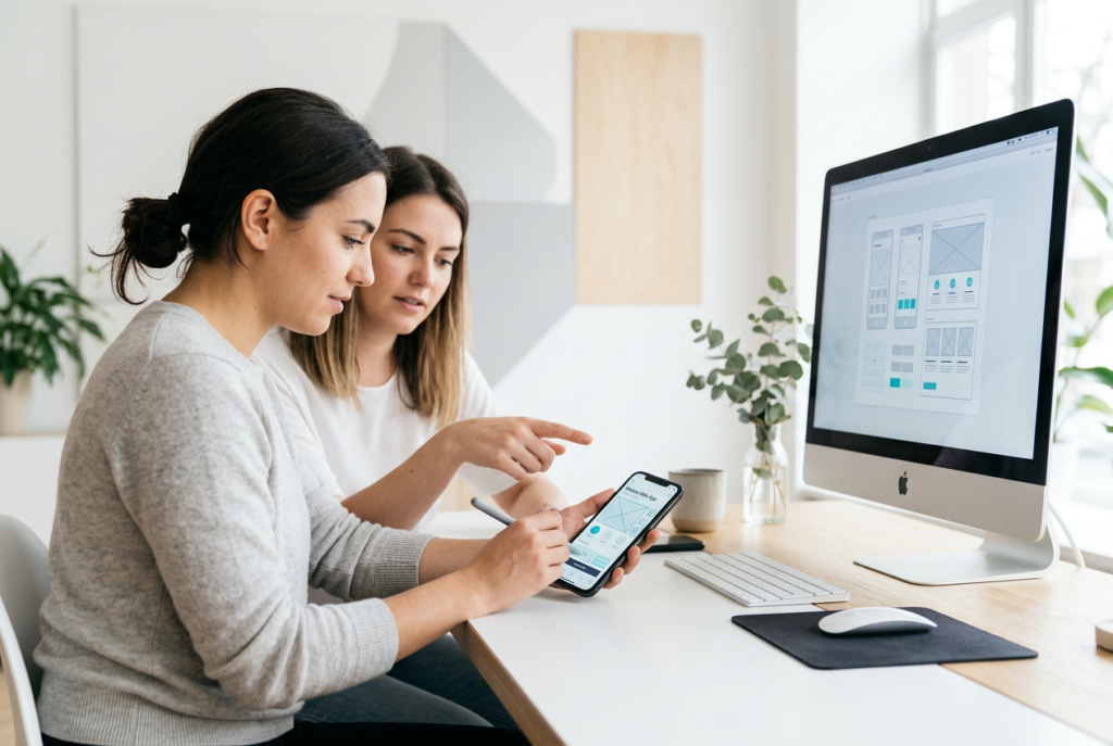 Webdesigner comparant une maquette site internet sur ordinateur et mobile