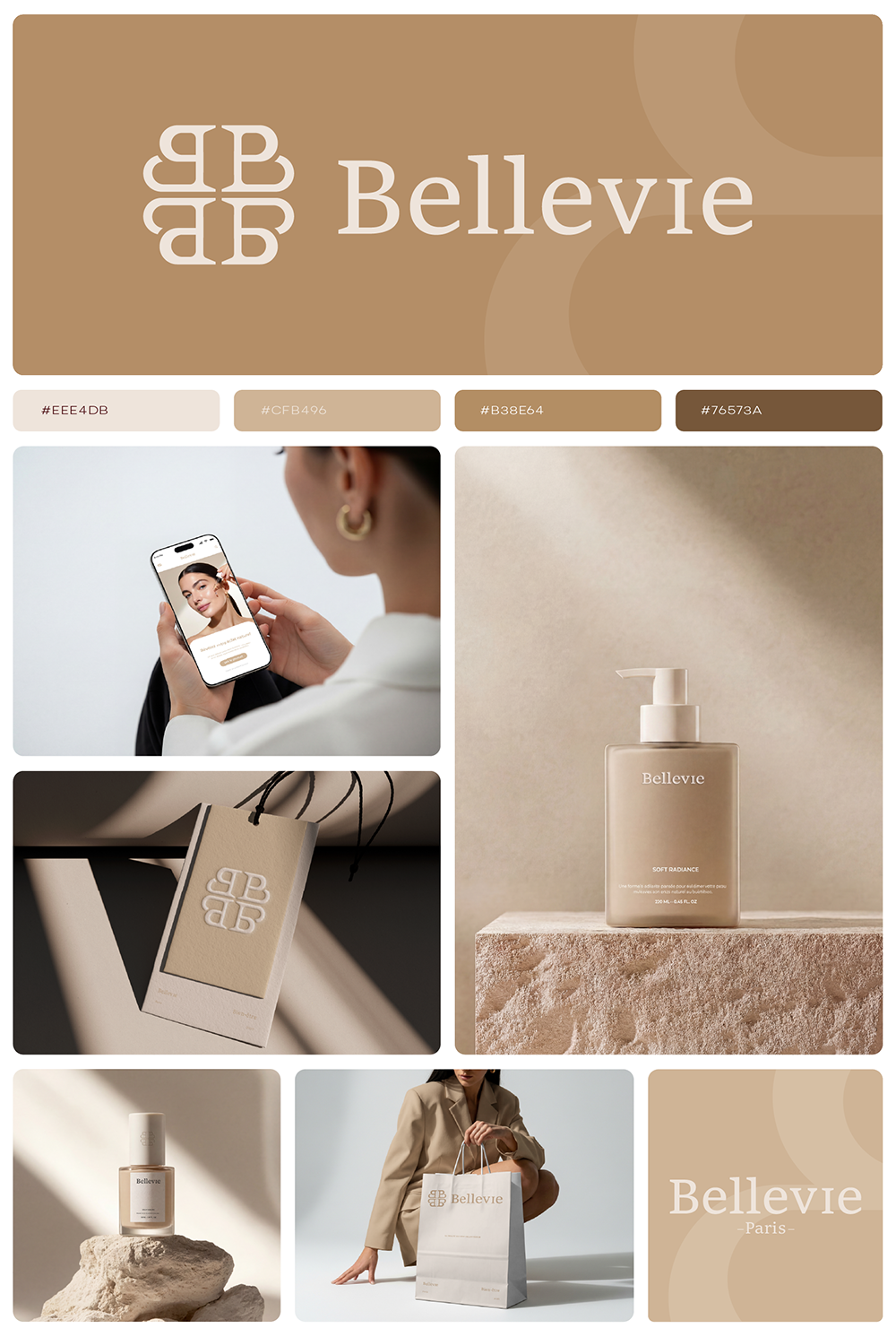 Monogramme Bellevie sur un flacon de sérum premium et un packaging cosmétique.