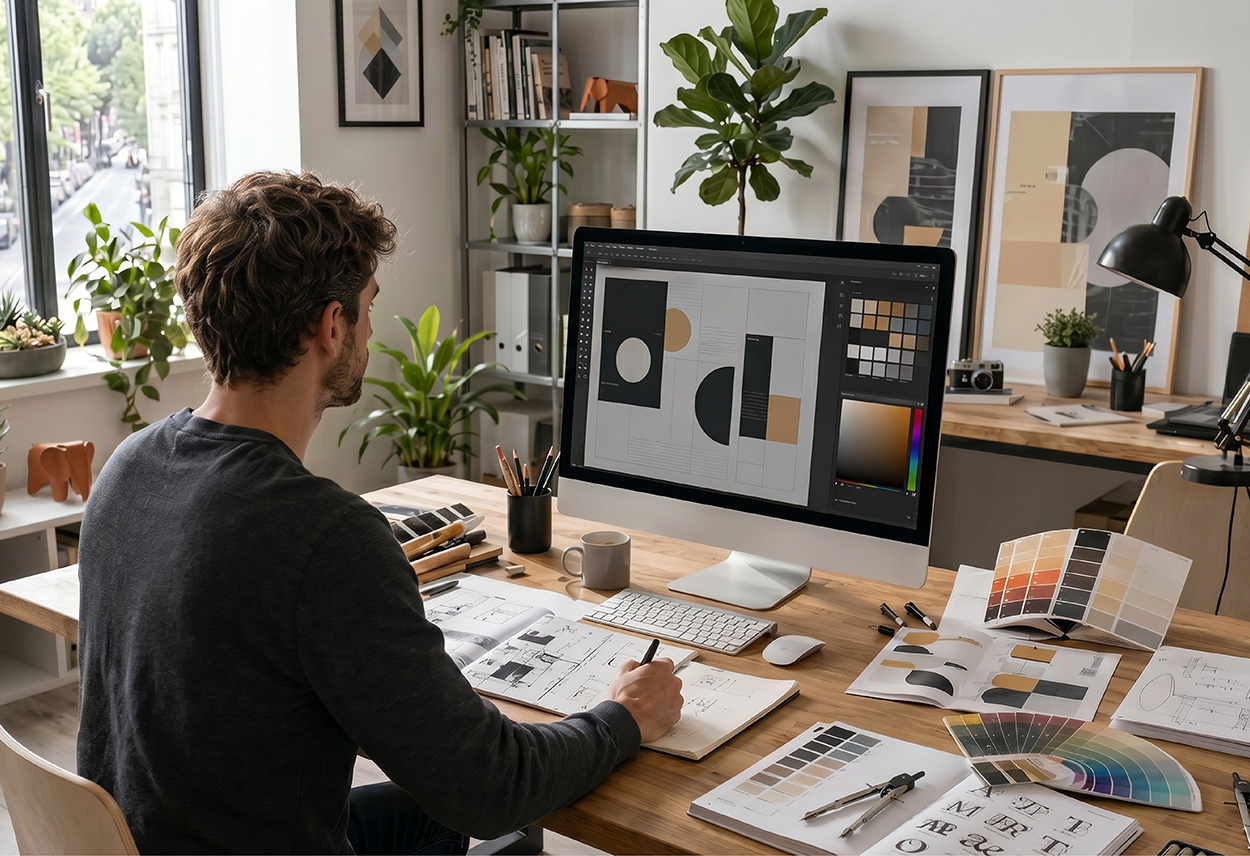 Graphiste travaillant sur la création d'une identité visuelle dans son studio