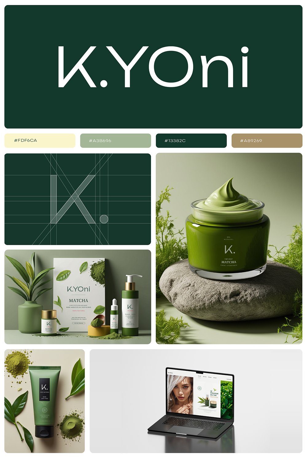 Packaging de soins bio K.YOni avec pots, sérums et identité visuelle naturelle.