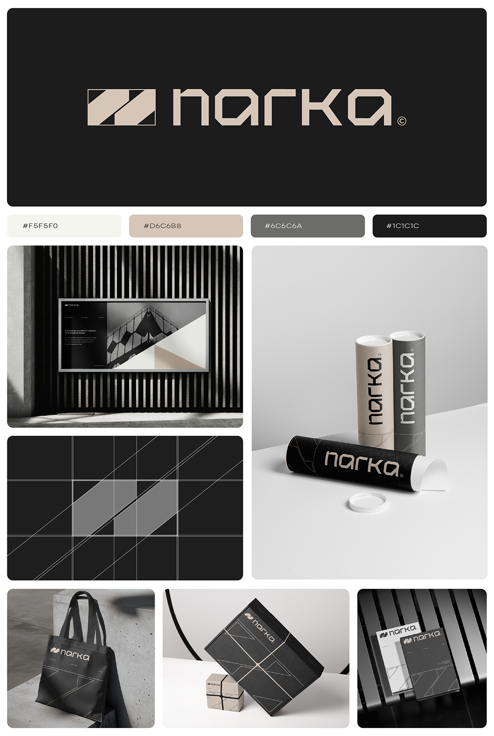 Logo Narka sur une papeterie noire, un sac et une signalétique d'architecture.