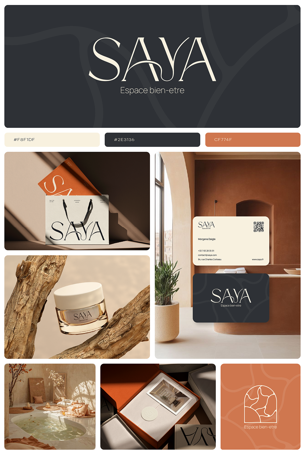 Logo Saya présenté sur un packaging cosmétique, une carte de fidélité et des supports de communication.