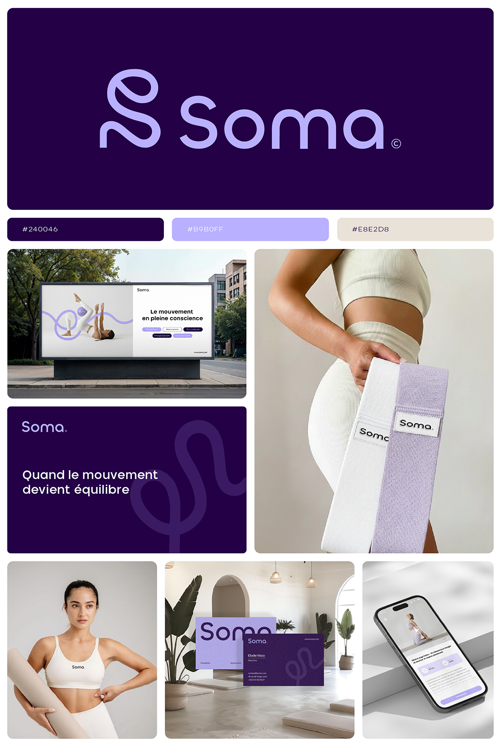 Logo Soma appliqué sur des accessoires de yoga, des affiches et une interface mobile.