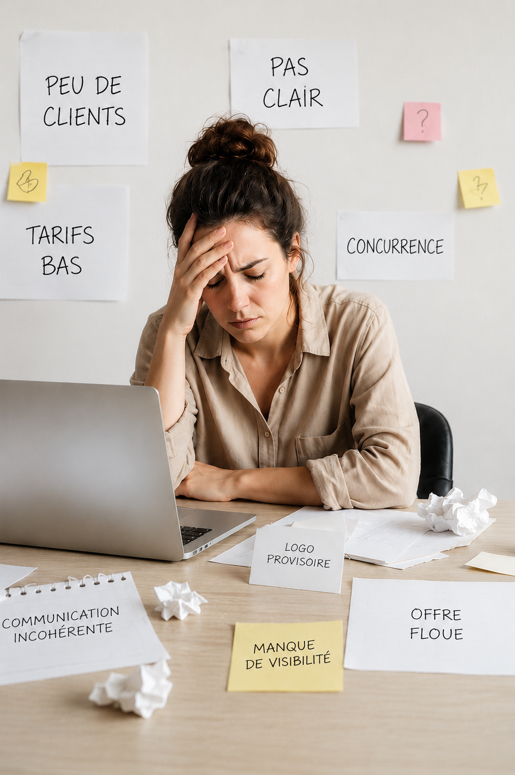 Femme stressée face à une image de marque incohérente et un manque de visibilité