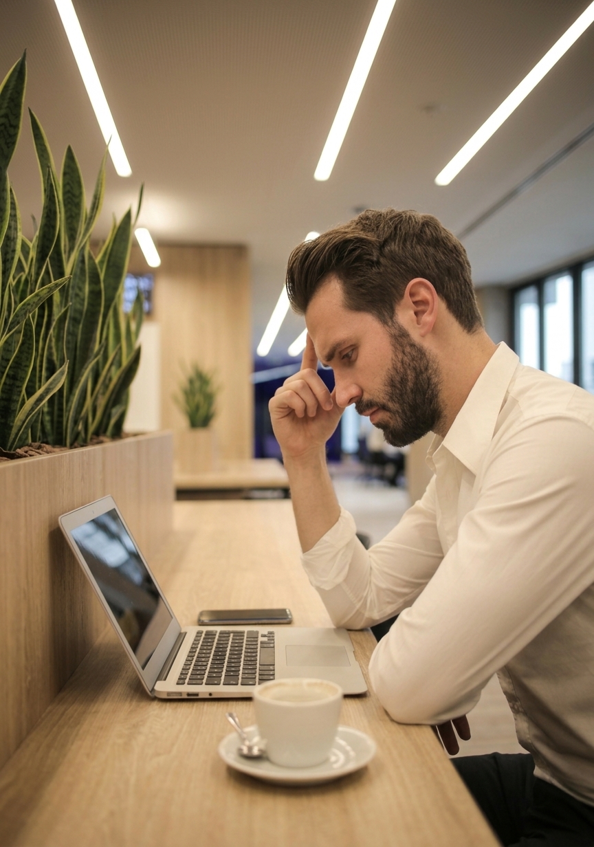 Homme pensif devant son ordinateur face à un site internet qui ne génère pas de clients