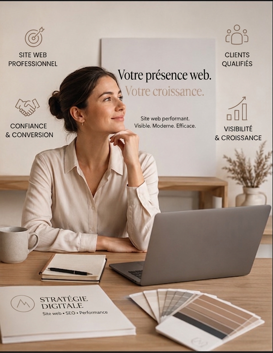 Femme devant son ordinateur pensant à sa stratégie de présence web