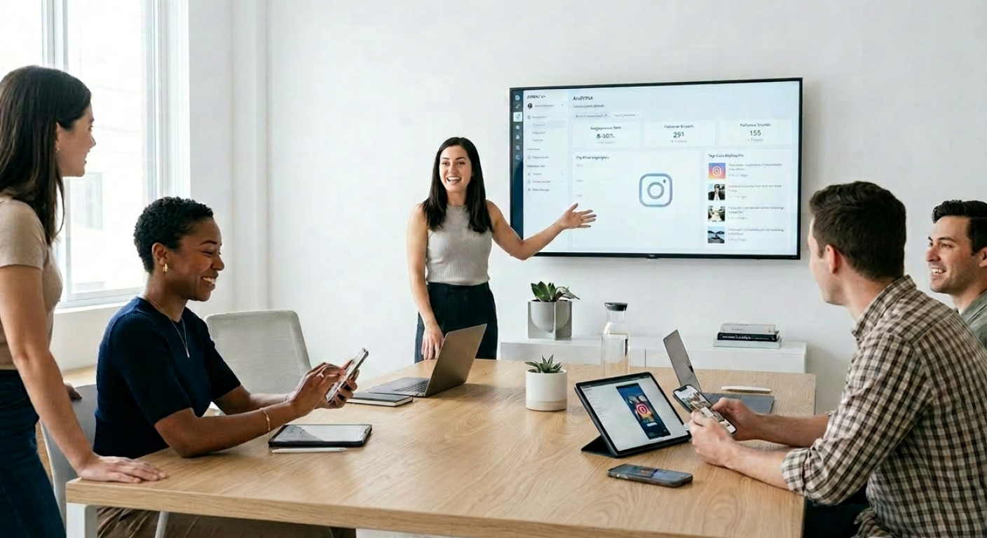 Équipe en réunion devant un écran pour définir une stratégie réseaux sociaux